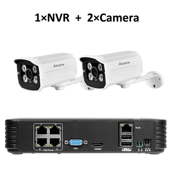 NVR and 2camera AZISHN Full HD 1080P 4-канальная система видеонаблюдения 4 шт. 2MP металлическая уличная ip-камера 4CH 1080P POE 48 В NVR CCTV Комплект HDMI P2P электронная сигнализация - Цвет: NVR and 2camera