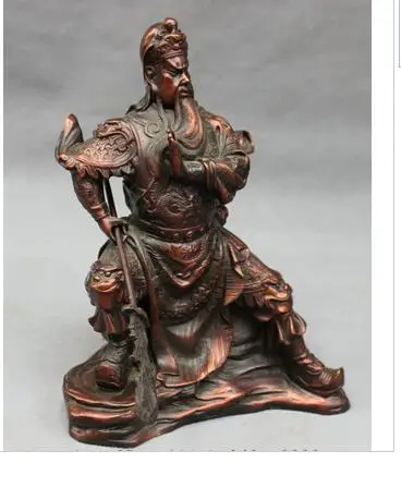 10 &quotНародная китайская чистая бронза Голова Дракона воин сидя GuanGong GuanYu статуя