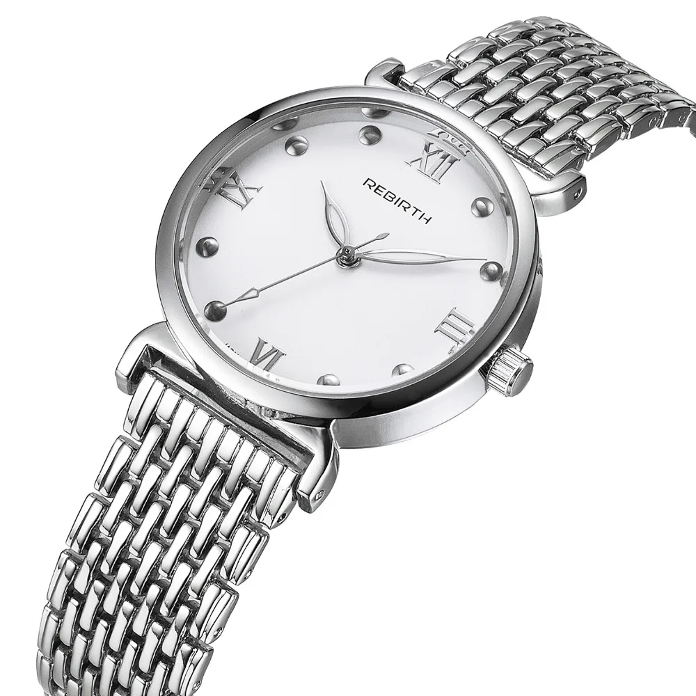 

High Quality REBIRTH Brand Silver Stainless Steel Watches Roman Case Simple Quartz Female Clock Petal Pointer Ladies Dress Watch