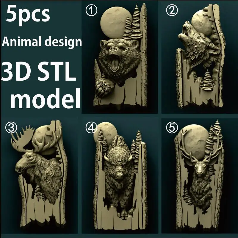 5 шт лесные животные 3d стиль фотообои для ЧПУ маршрутизатора Aspire Artcam _ Wolf Bear Bison
