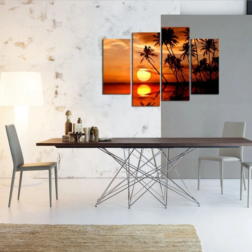 

Wall Art Sunset Sea Nature Canvas Paintings Large Palm Trees on Island Bay Sunset Ocean Art Pictures for Living Room Wall Decor