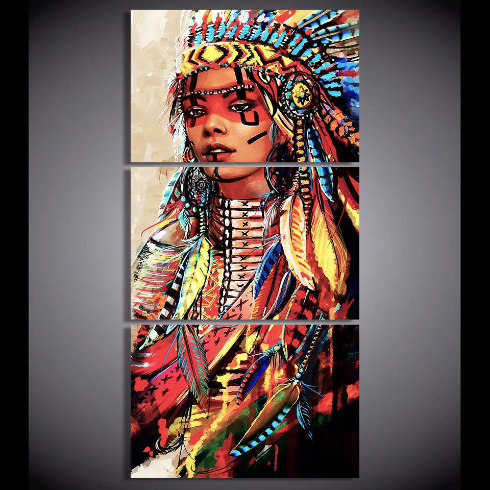 

HD printed 3 piece Canvas Art Native Indian warrior Woman Painting Feathered Wall Art for living room Free shipping NY-7263C