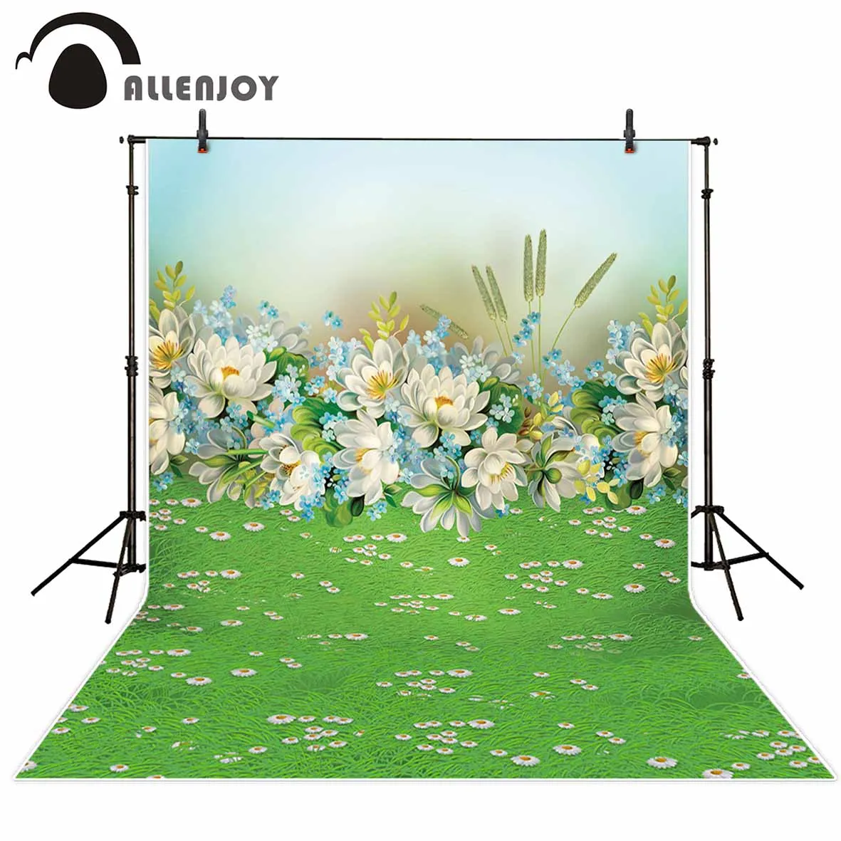 Allenjoy photographic background Grass white flowers cartoon scenery backdrop photocall Children's photography studio HD files |