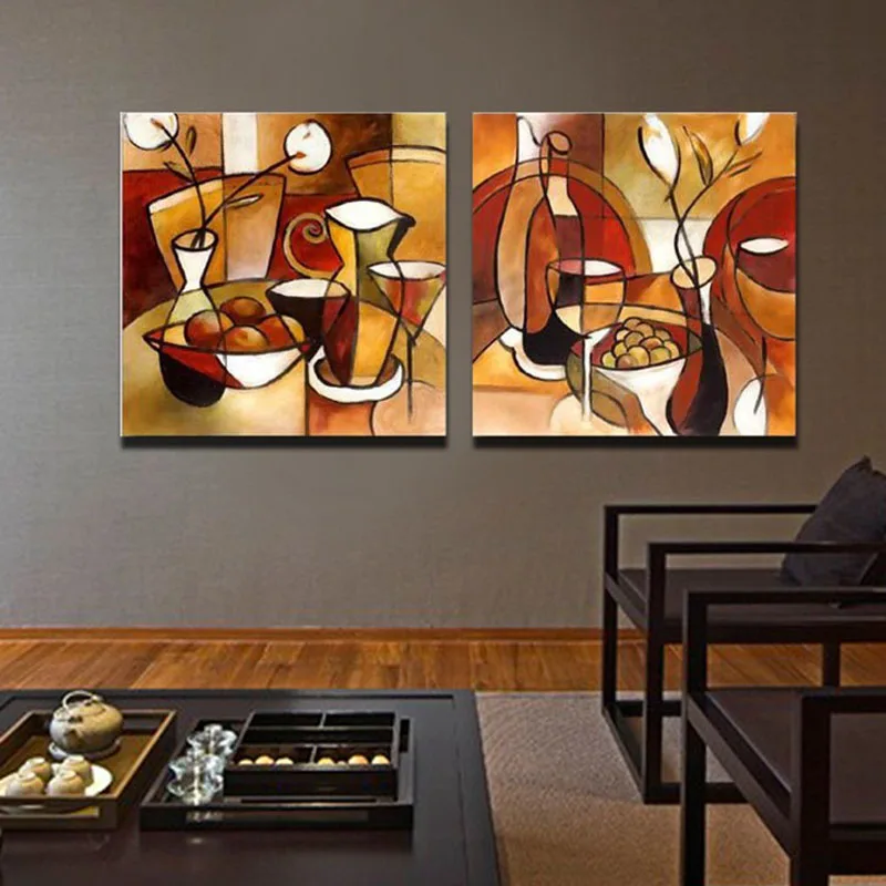 Картина маслом на холсте без рамы 2 панели ручная работа набор цветочных чашек