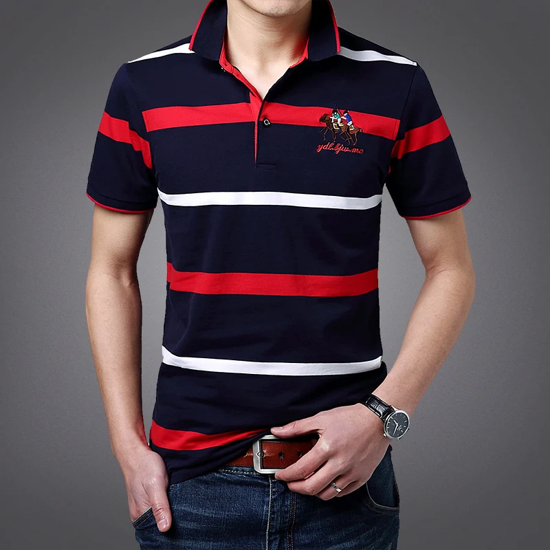 Рубашка поло мужская в полоску хлопок короткий рукав приталенный силуэт дышащая