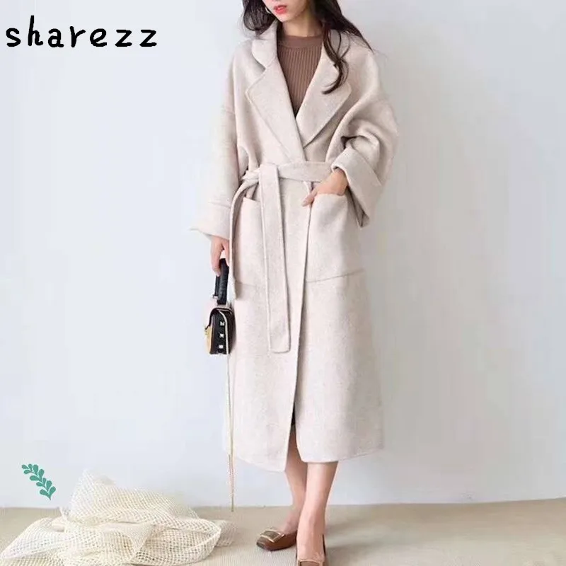 beige Длинное женское пальто с лацканами и 2 карманами, куртки с поясом, одноцветные пальто, двухстороннее кашемировое пальто ручной работы, шерстяная женская верхняя одежда - Цвет: beige