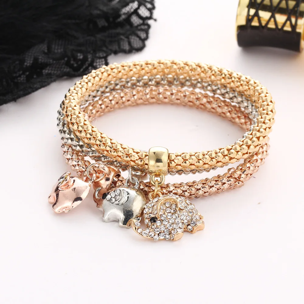 3 шт./компл. кристальная сова очарование Браслеты& Bangles, золото/покрытый серебром Слон/Корона Подвески, цинковый сплав, стразы Браслеты для Для женщин