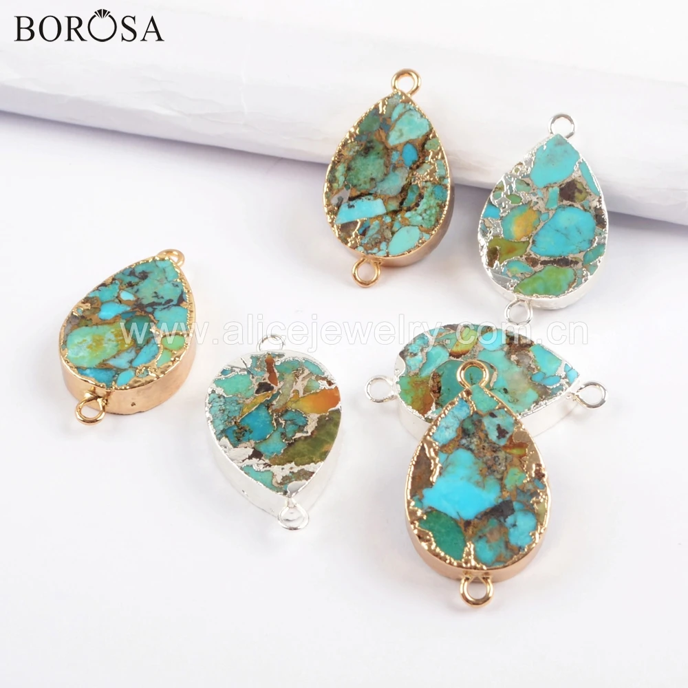 

BOROSA 5PCS Copper Natural Turquoises Connectors Copper Gold-color Teardrop Blue Stones Jewelry for Necklace G1706