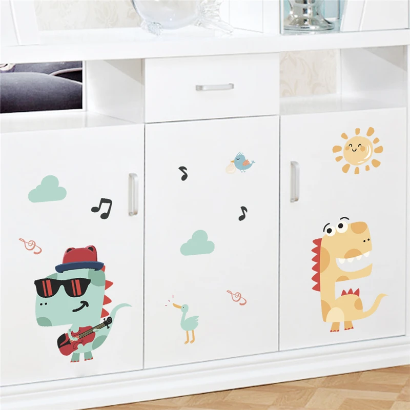 Funny Music Guitar Dinosaur Cloud Wall Decals Kids Rooms Home Decor Cartoon Animal Stickers Pvc Mural Art Diy Posters | Дом и сад