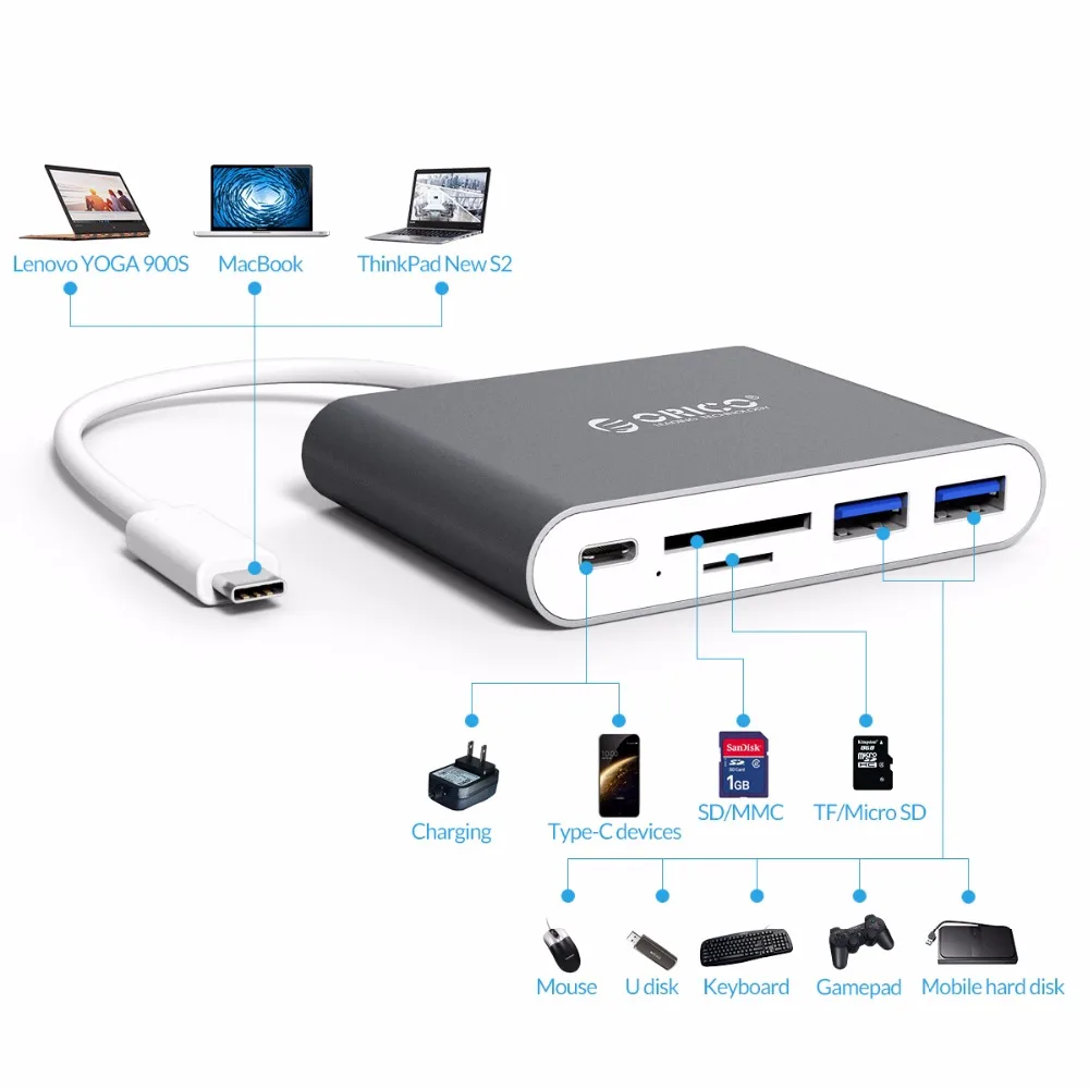 ORICO алюминиевые док станции для ноутбука usb хаб Type C на устройство чтения карт SD TF с