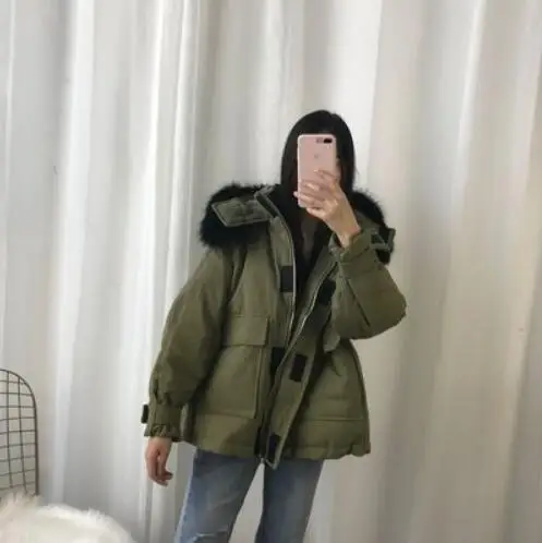 Real Fur Куртка-пуховик на 90% белом утином пуху, Женская свободная парка с капюшоном, большие размеры, пальто с воротником из натурального меха енота, зимнее пальто для женщин - Цвет: Real Fur