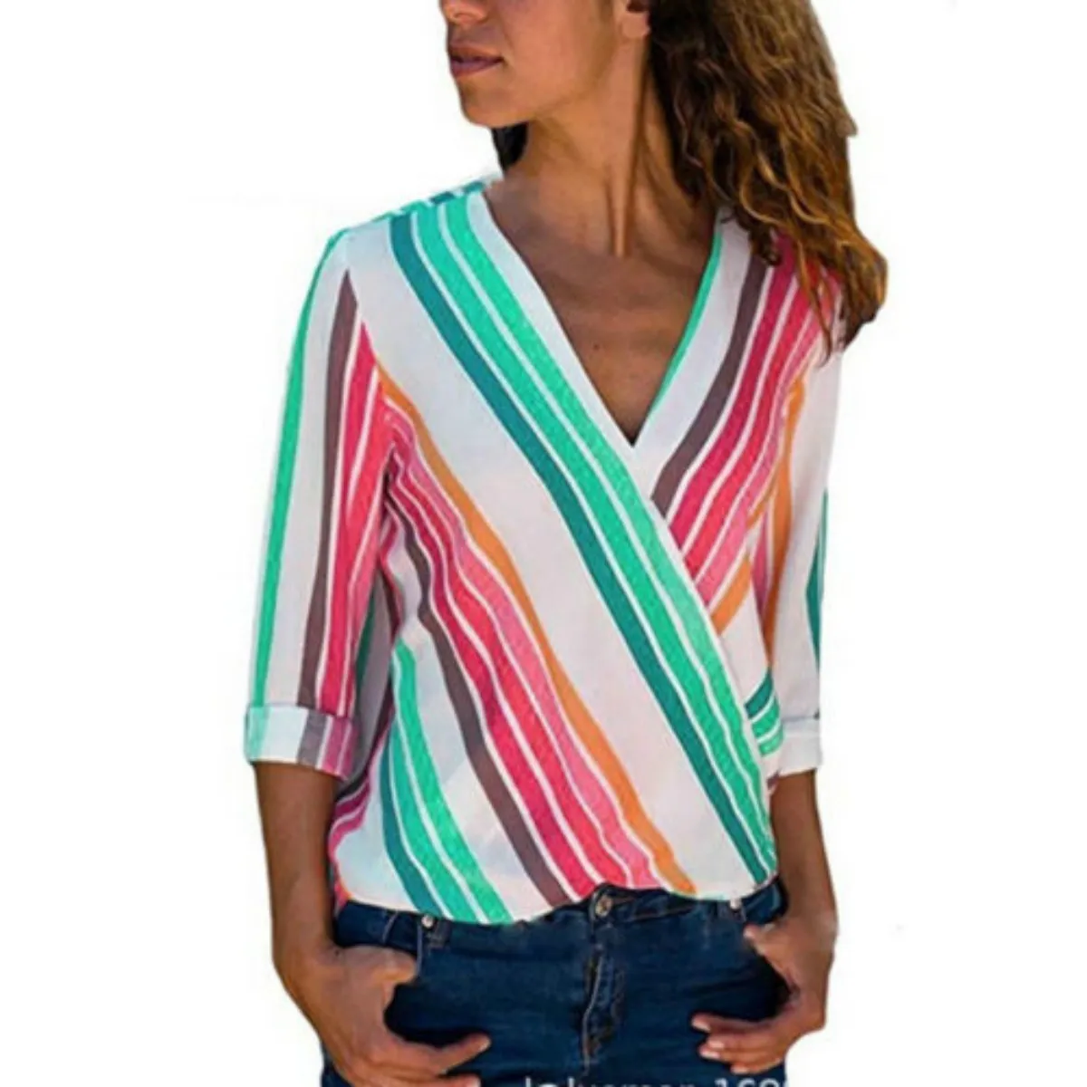 

Blouse 2018 New Brand Plus Size Ladies Womens Summer Casual Striped V Neck Loose Long Sleeve Tops Blouse
