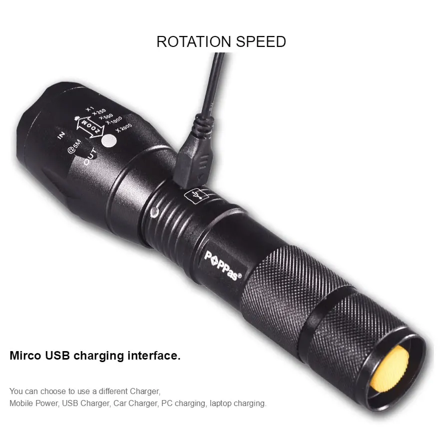 Poppas Micro USB 1300LM CREE XML-T6 L2 чипы фонарик светодиодный Масштабируемые Ультра-яркий