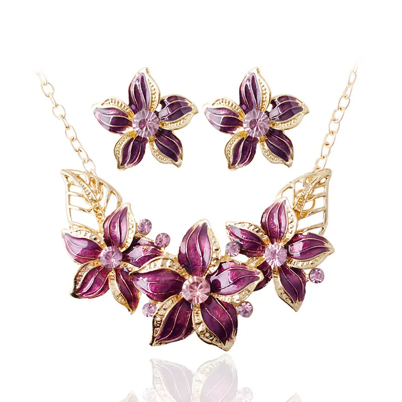 purple F& U Модный кристалл Pistil и четыре цвета керамическая глазурь цветок кулон и колье Золотая цепь ювелирные изделия для женщин - Окраска металла: purple
