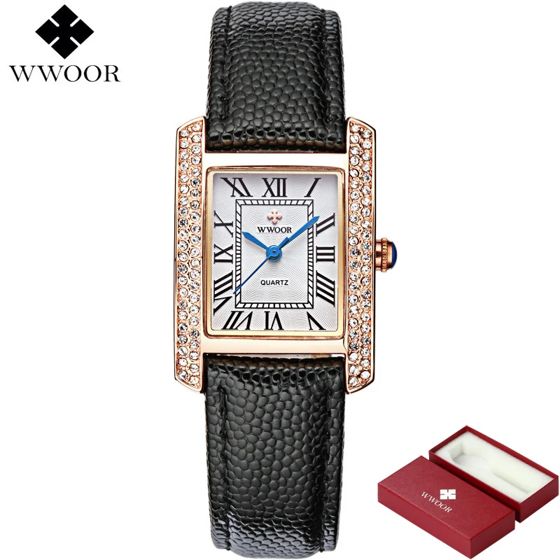 Black rose gold Бренд WWOOR, роскошные женские часы, квадратное платье, женские кварцевые часы, женские бриллиантовые Наручные часы с кожаным ремешком, красные часы, Montre Femme - Цвет: Black rose gold