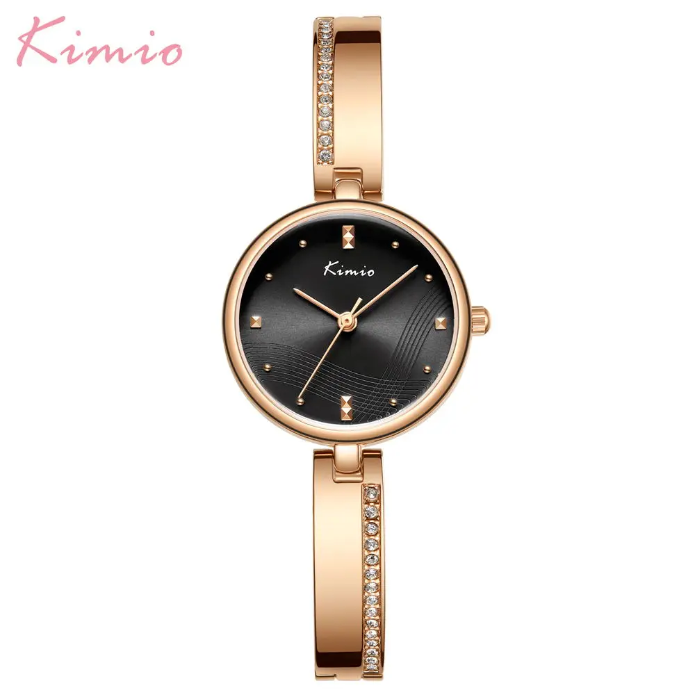 Black KIMIO, новинка, женские часы, роскошные, стразы, розовое золото, женские часы из нержавеющей стали, женские часы-браслет, кварцевые, женские часы - Цвет: Black