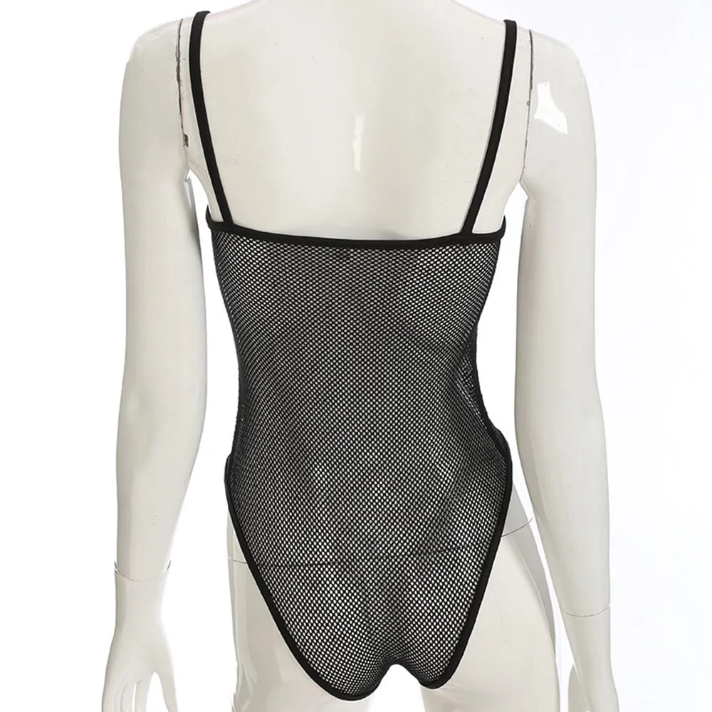 Women Sexy Rompers 2018 Skinny Plain Western Style Hollow Mesh See-Through Strap Lace-Up Girls Fashion Jumpsuits Bodysuits | Женская
