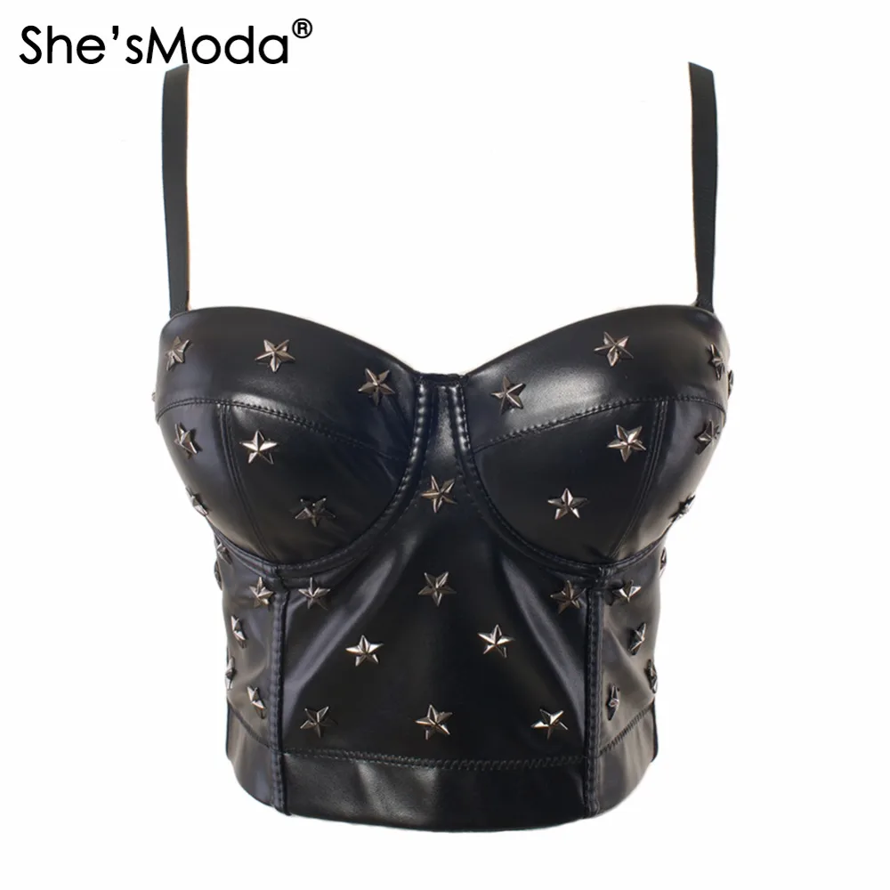 

She'sModa PU leather Rivet Bralet Women's Bustier Bra Night Club Party Cropped Top Vest Plus Size