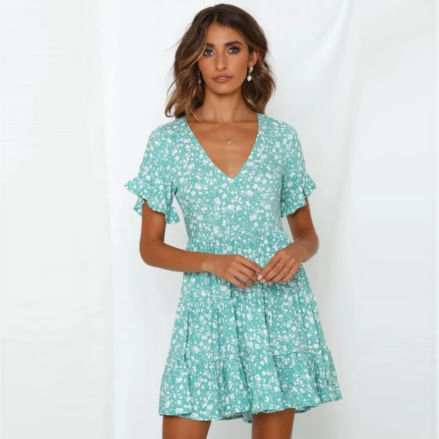 2019 European and American style women's sexy V-neck Short sleeve print dress | Женская одежда