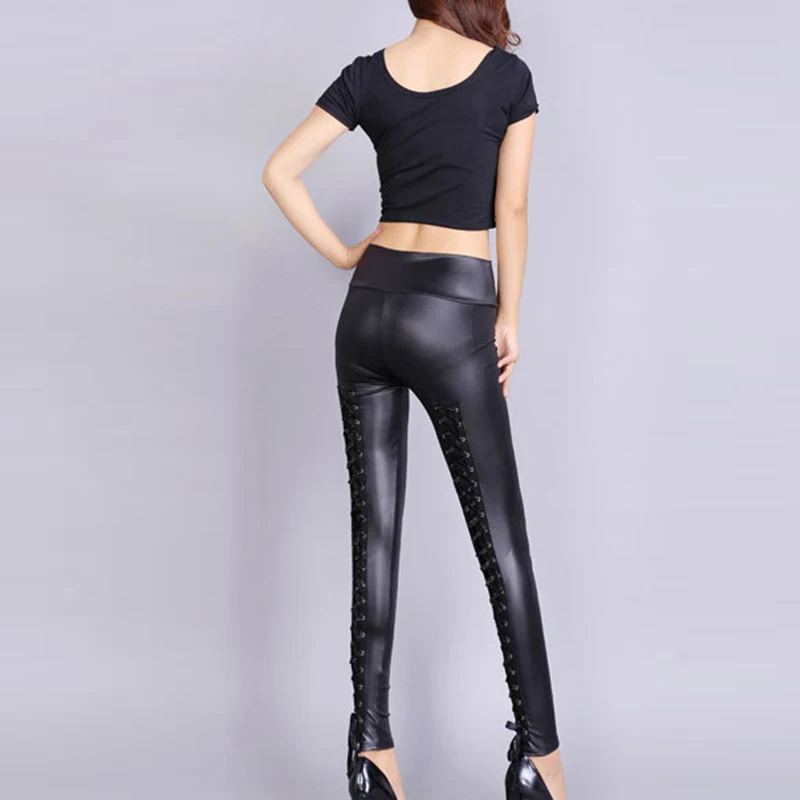 Женские леггинсы из искусственной кожи с высокой талией на шнуровке