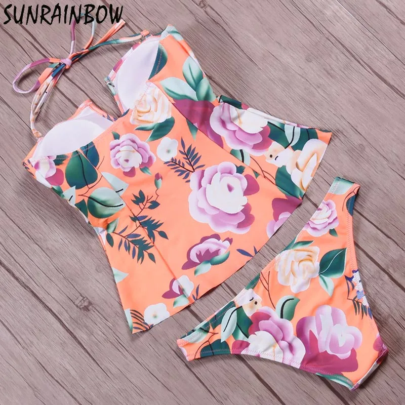 SUNRAINBOW 2019 New Printed Floral Swimsuit Women Swimwear Two Pieces Bikini Summer Halter Top Vintage Tankini Bathing Suit Swim |