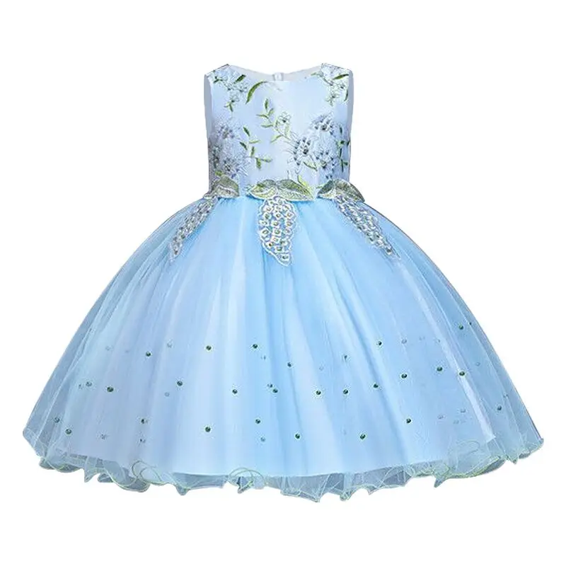 Light blue Новое Детское праздничное платье принцессы с лепестками и жемчугом для маленьких девочек, платье для девочек, детская одежда с цветами, одежда для маленьких девочек 3, 4, 5, 6, 7, 8, 9, 10 лет - Цвет: Light blue
