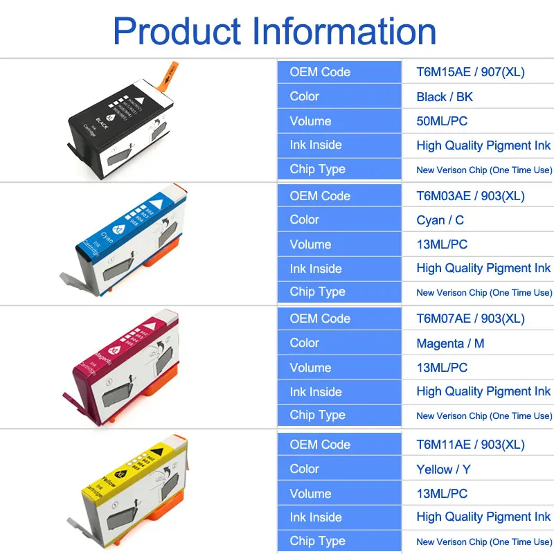 Сторонний картридж 903 для HP 903XL 907XL чернильный принтера Officejet Pro 6950 6960 6961 6963 6964 6965 6970