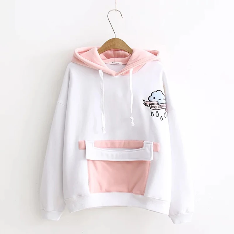 Розовый GBYXTY корейский стиль мультфильм вышивка Kawaii толстовка женская с длинным рукавом капюшоном карман толстые пуловеры Толстовки Пот ZA273 - Цвет: Розовый