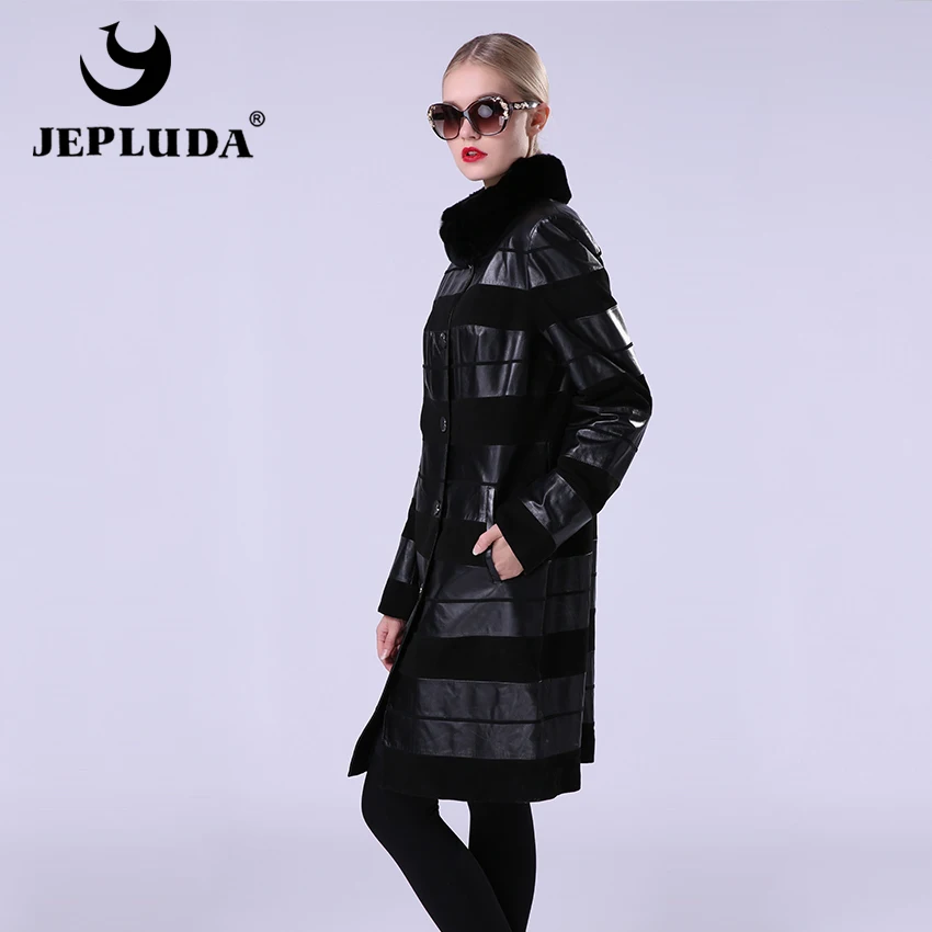 JEPLUD кожаная куртка Пальто Стоика Воротник с Рекс Кролика Съемный Женский Кожиный