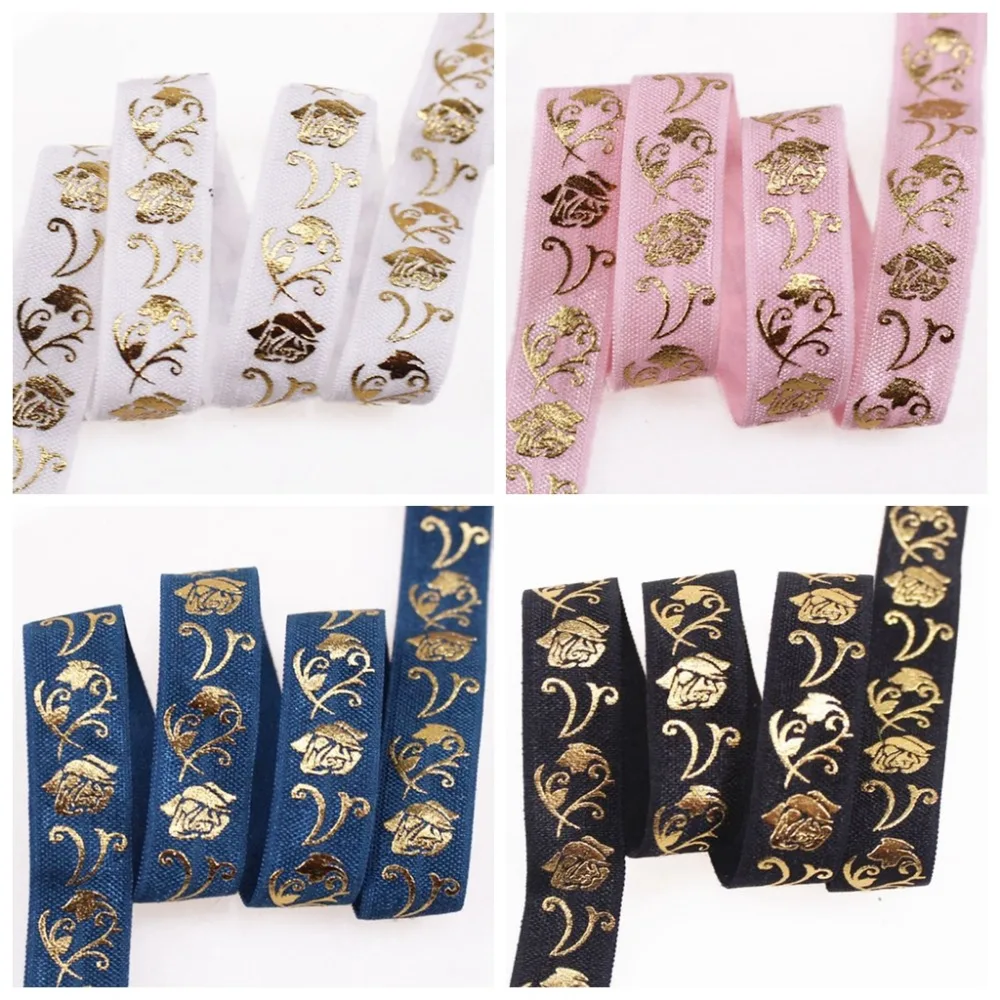 

5/8" Gold foil Rose Floral FOE fold over elastic for hair ties headband accessories welcome custom printed