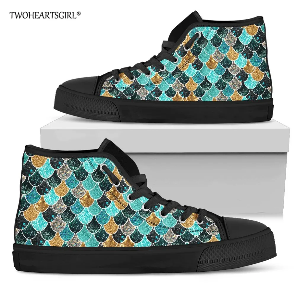 

Twoheartsgirl High top Canvas Flat Sneakers Shoes Women Casual Mermaid scales Printing Shoes Leisure Shoes Ballet flats custom
