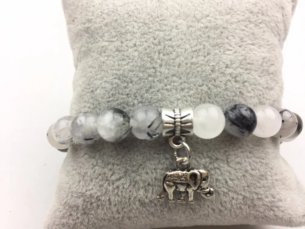 Круглый браслет из бисера натуральный камень 8 мм Rutilated Кварцевый Слон подвеска