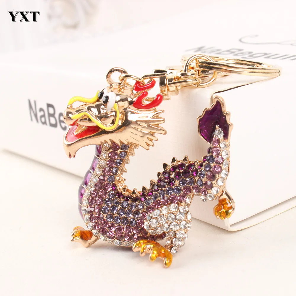 

Chinese Dragon Rhinestone Animal Purple Enamel Crystal Charm Keyring Key Chain Women Gift Top Selling New Design