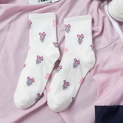 Pink pig Фабричные женские носки в стиле Харадзюку С героями мультфильмов; милые женские повседневные носки с Микки Маусом; хлопковые носки в белую полоску - Color: Pink pig