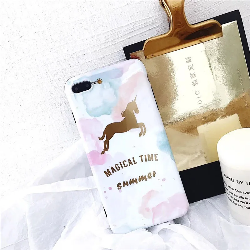 Unicorn Plated Glossy Phone Case For Apple iphone 7 8 X 6 Plus Soft Smooth Patterned Rendering Plastic Black Edge Cover Coque |