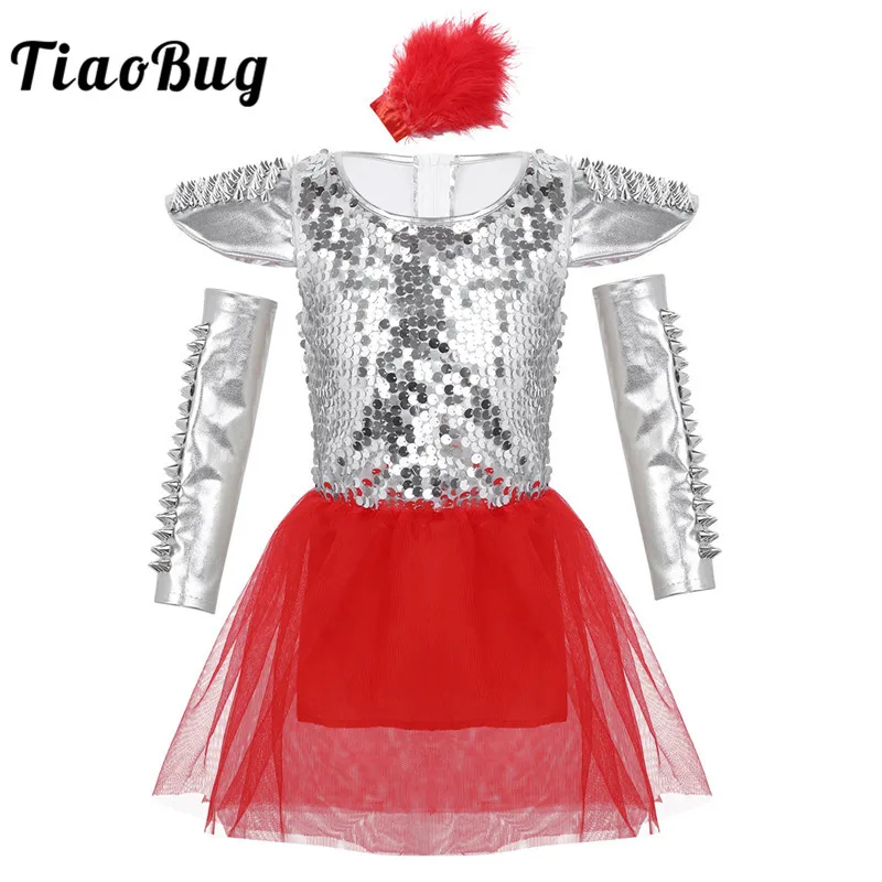 

TiaoBug Kids Girls Modern Stage Performance Hip Hop Jazz Dance Costume Set Children Shiny Sequins Red Mesh Tutu Dance Dress Set