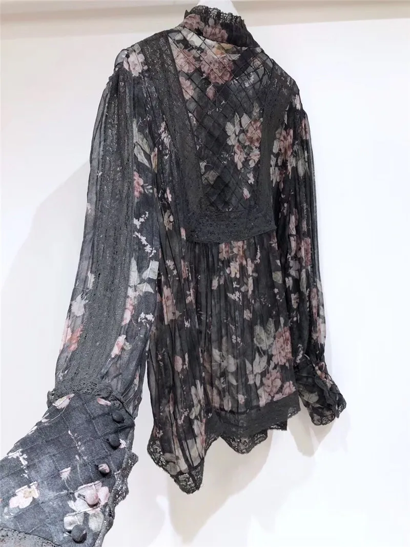 2019 spring new arrive silk women blouse floral print lace full sleeve blouse&ampshirts |