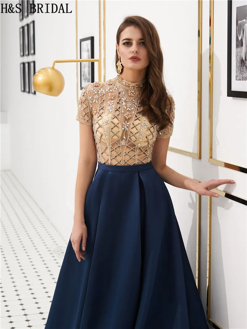 

H&S Bridal Sexy Long Evening Dresses High Neck See Through Beading Formal Dress Robe De Soiree 4 Colors
