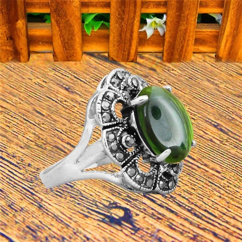 Oval Green Crystal Rings For Women Vintage Look Antique Silver Plated Rhinestone Plum Flower Fashion Jewelry TR696 | Украшения и