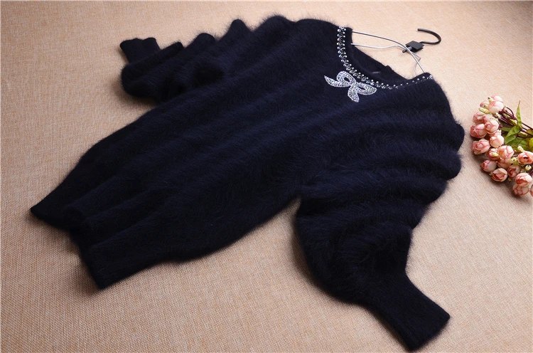 Elegant autumn winter bowknot angora rabbit wool bead Diamond o-neck loose long sleeves mink fur pullover sweater blouses women | Женская