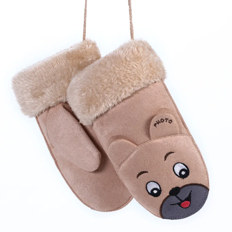 G Beige Модные детские варежки с милым кроликом и медведем из мультфильма для мальчиков и девочек, зимний плюшевый кашемир, толстые теплые замшевые кожаные перчатки 100H - Цвет: G Beige
