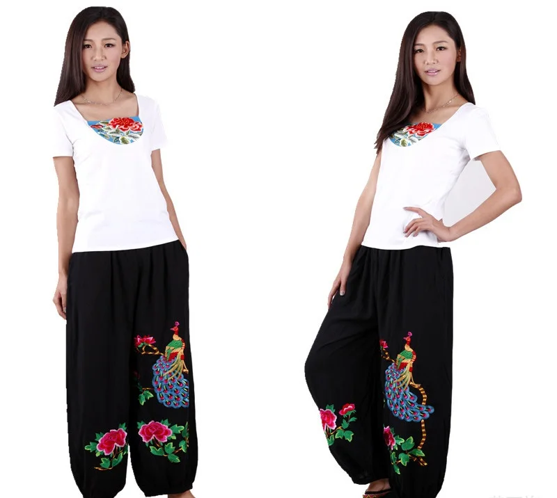 

Factory direct wholesale Ethnic pants poplin Linen peacock Large size Pants Chinese Traditional Flower embroidered trousers