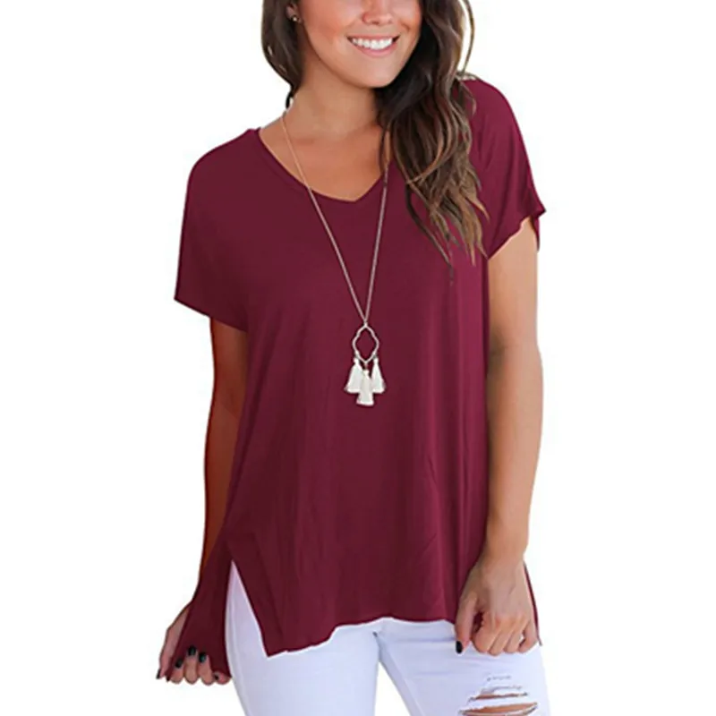 2019 Summer Tops for Women Solid Short Sleeve T Shirt Casual V Neck Fashion Side Split Loose Femme Tee | Женская одежда