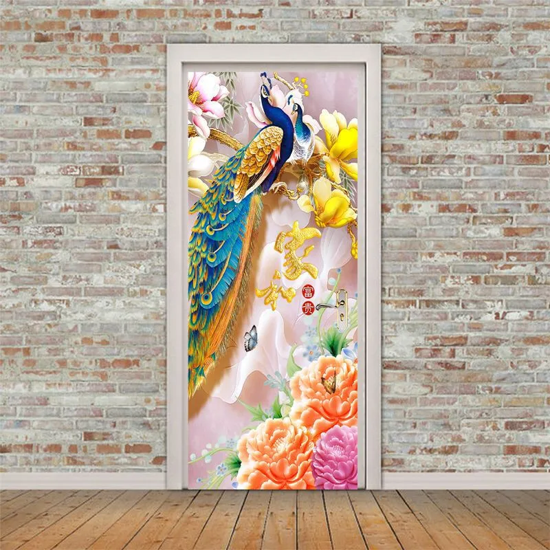 Креативные наклейки на дверь 3D с рисунком павлина водонепроницаемые