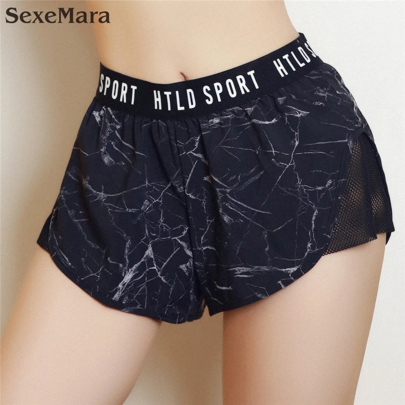 

2017 SexeMara Brand Quick Dry Quality Womens side Mesh Patchwork Yoga Shorts popular print ladies Gym fitness Running Shorts