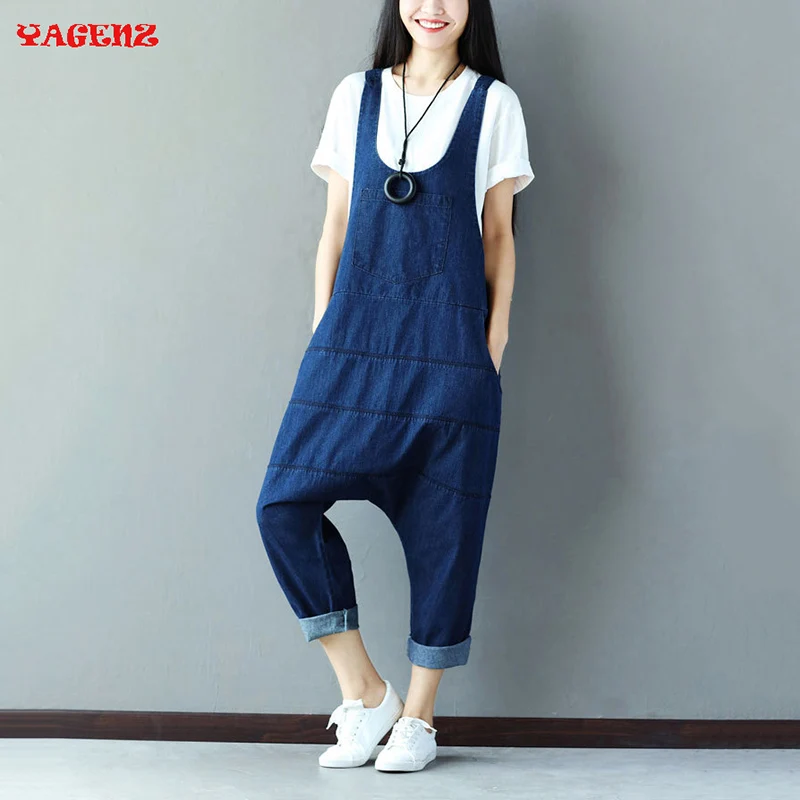 Женский комбинезон на бретельках шаровары без рукавов Свободный синий джинсовый