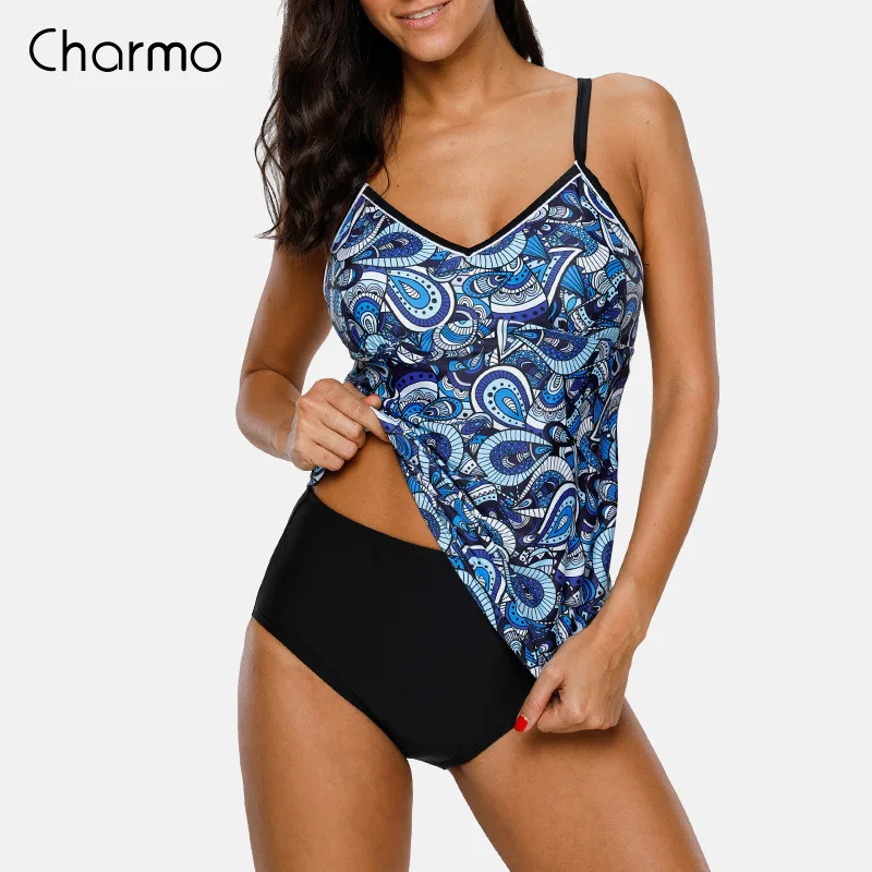 

Charmo Women Floral Tankini Set Two Piece Swimsuit Retro Paisley Printed Swimwear Push Up Sexy Bikini Hollow Back Bathing Suit
