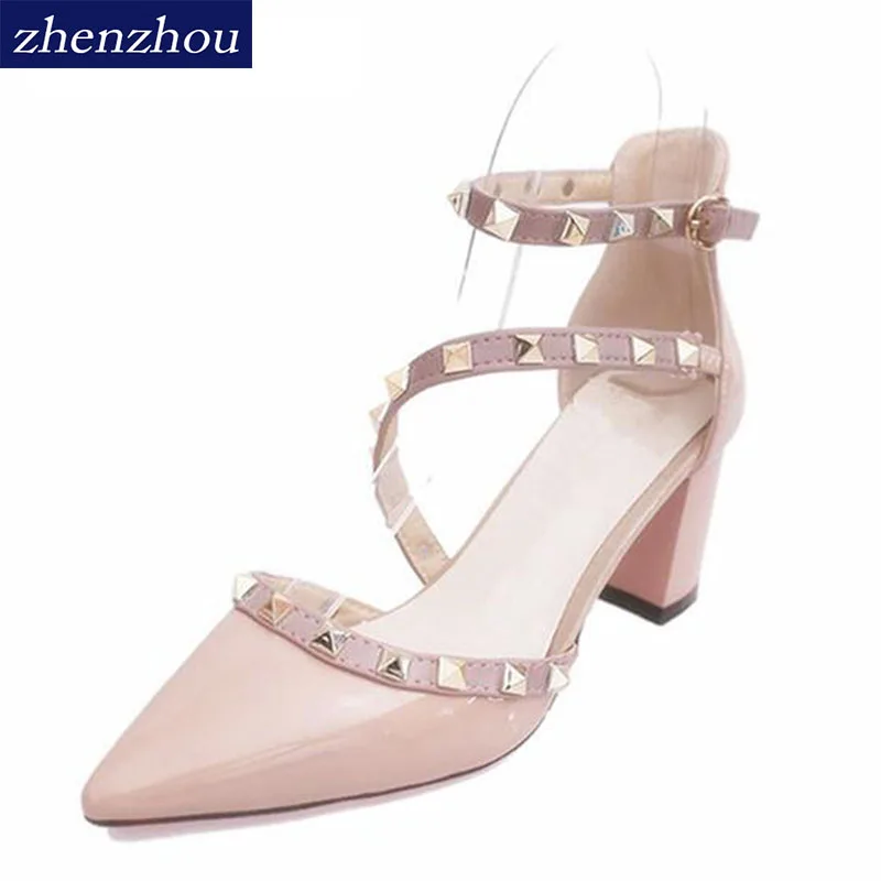 Женская обувь на квадратном каблуке с заклепками лето 2018|rivet high heels|shoes officebrand women