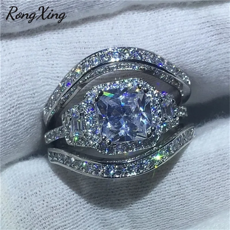 Женские обручальные кольца RongXing с белым цирконием серебристого цвета белыми