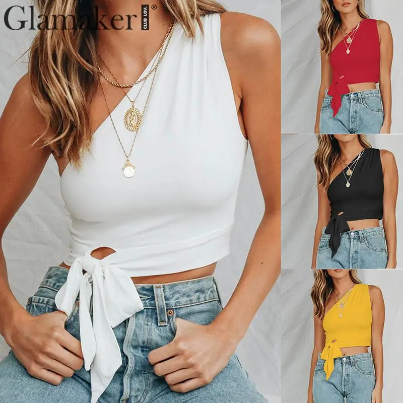 Женский топ на одно плечо Glamaker белый винтажный трикотажный короткий лето со